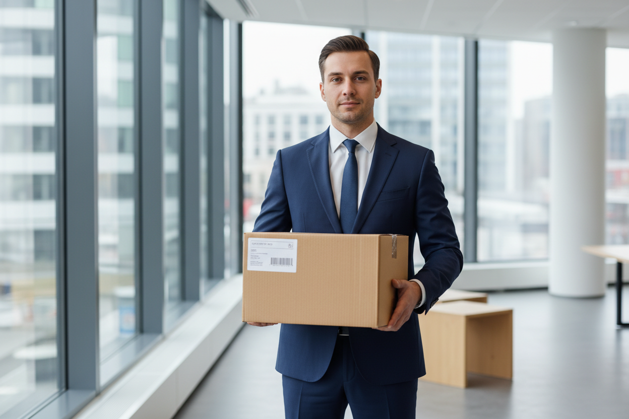 un hombre con una caja en la mano y su ropa de color 003b6a